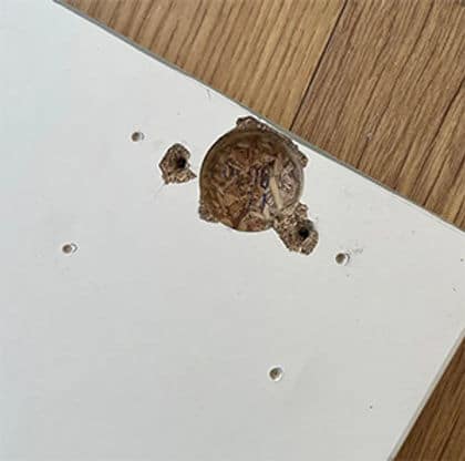 Blown-out hinge cup hole in a particle-board cabinet panel